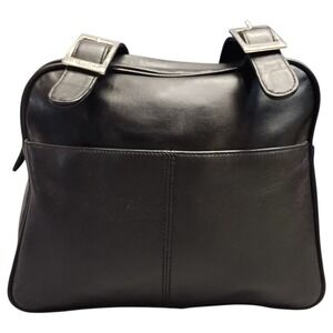 Evan Picone Shoulder Bag Womens Black Genuine Leather Buckle Strap Double Handle